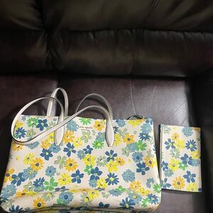 Kate Spade Cream Tote with Blue and Yellow Floral Design NEW